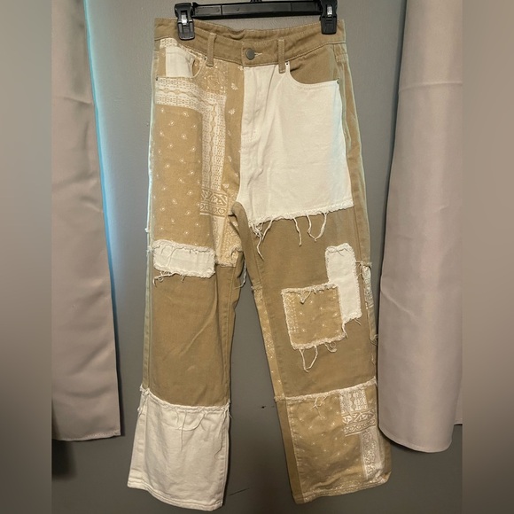139 Patchwork Tan and Cream Women Jeans - Picture 2 of 2